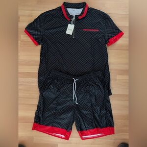 NWT Duval Men’s 2-Piece Geometric Quarter-Zip Set - Black/Red (3XL)